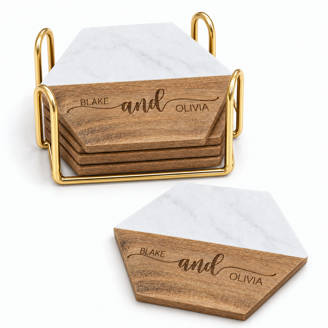 Personalized Realtor Closing Gift | Hexagon Wood & Marble Coaster Set