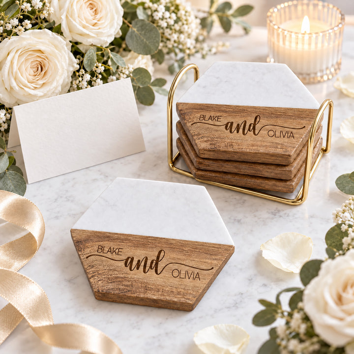 Personalized Wedding & Housewarming Gift | Hexagon Wood & Marble Coaster Set