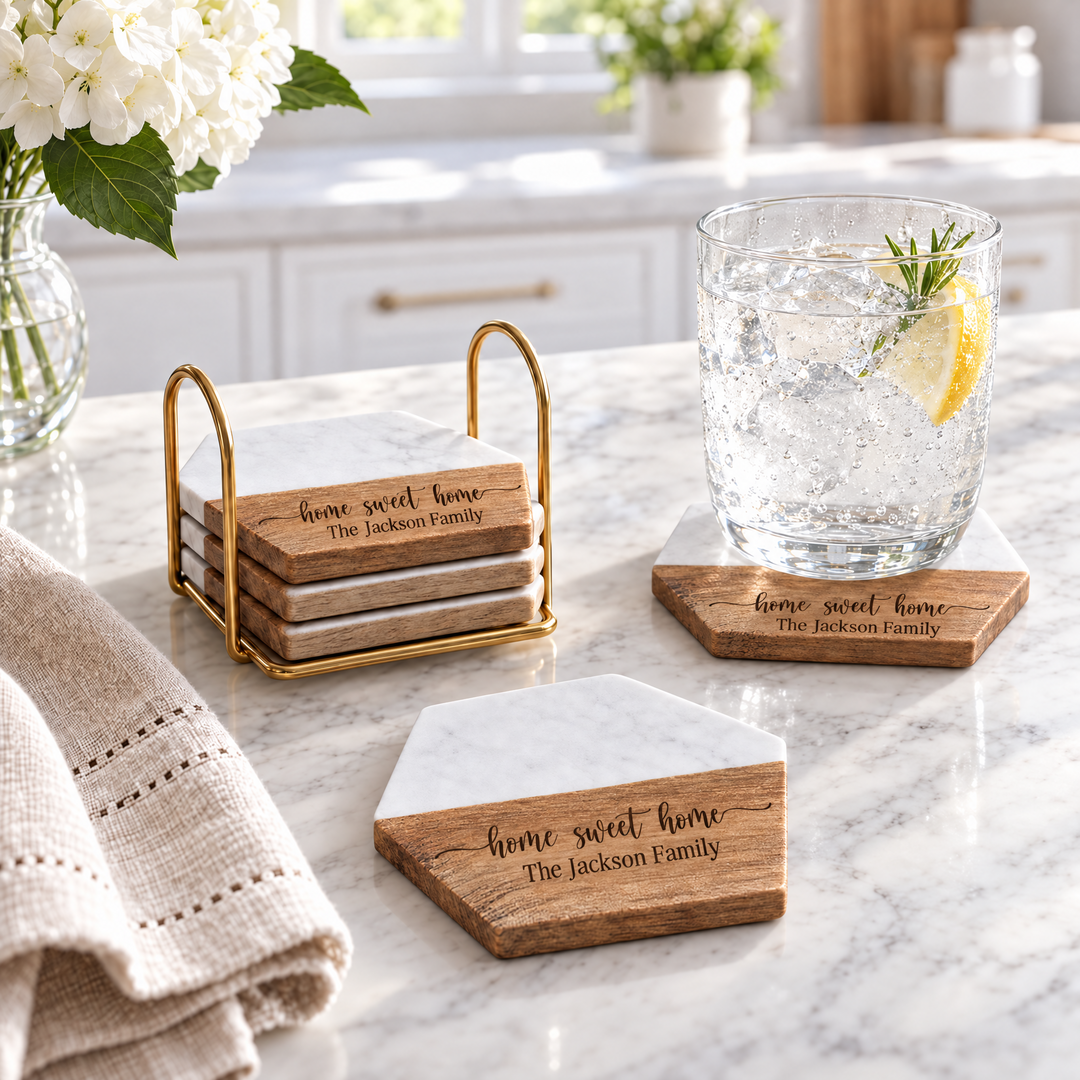 Personalized Realtor Closing Gift | Hexagon Wood & Marble Coaster Set