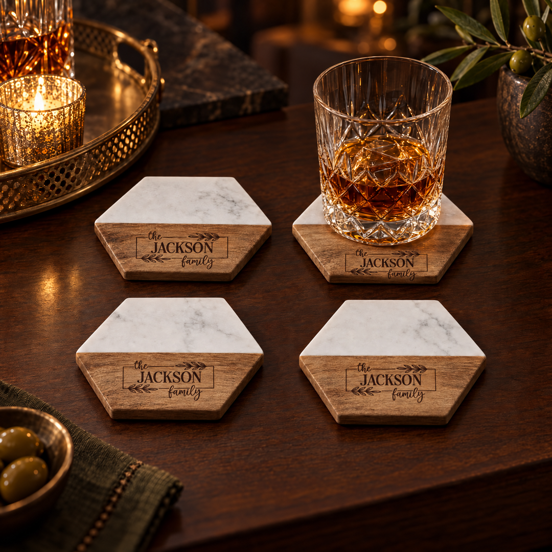 Personalized Realtor Closing Gift | Hexagon Wood & Marble Coaster Set