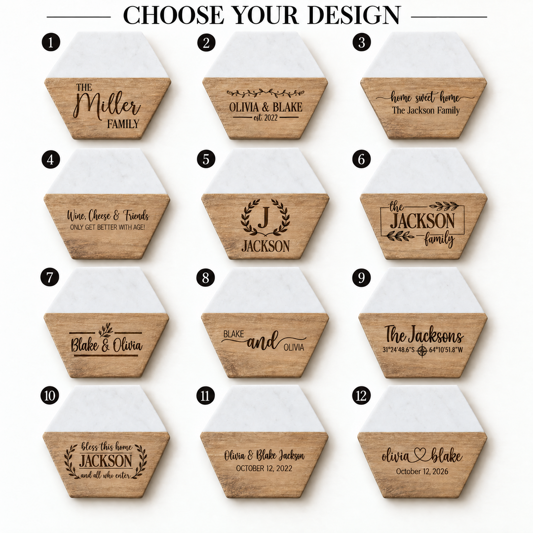Personalized Realtor Closing Gift | Hexagon Wood & Marble Coaster Set