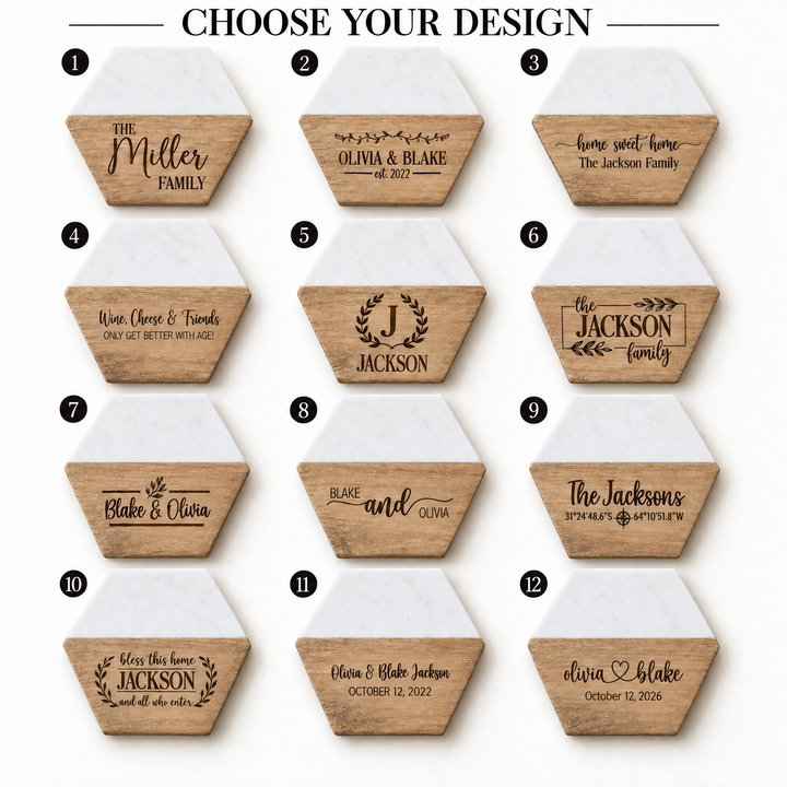 Personalized Realtor Closing Gift | Hexagon Wood & Marble Coaster Set