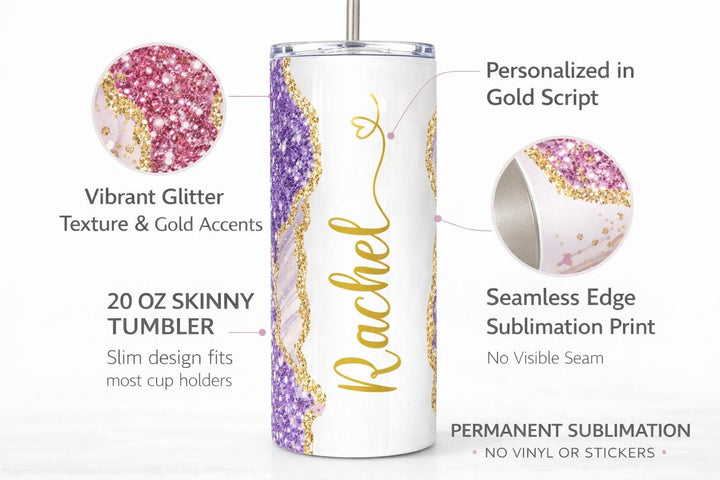 Purple Glitter Marble Personalized Name Tumbler with Gold Accents | 20oz Skinny Stainless Steel Travel Cup