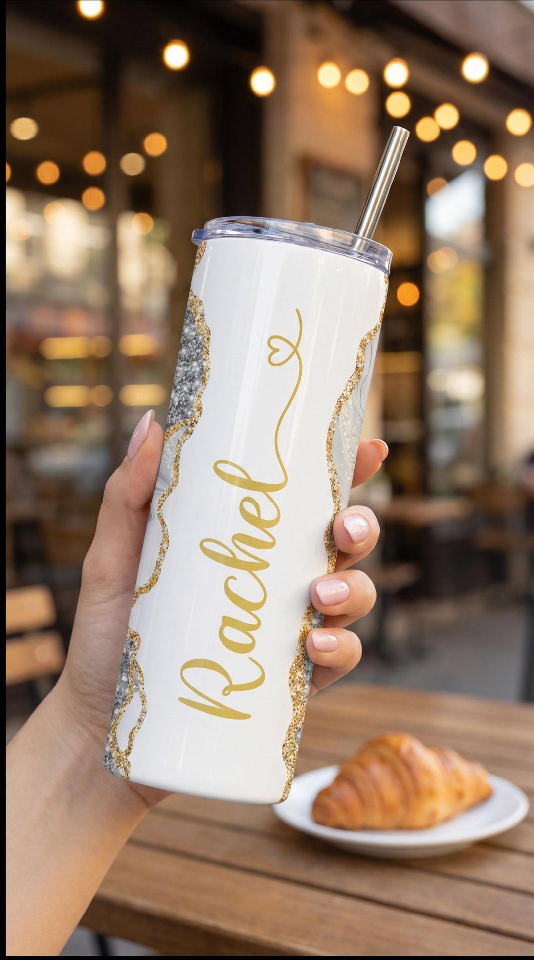 Gray Glitter Marble Personalized Name Tumbler with Gold Accents | 20oz Skinny Stainless Steel Travel Cup