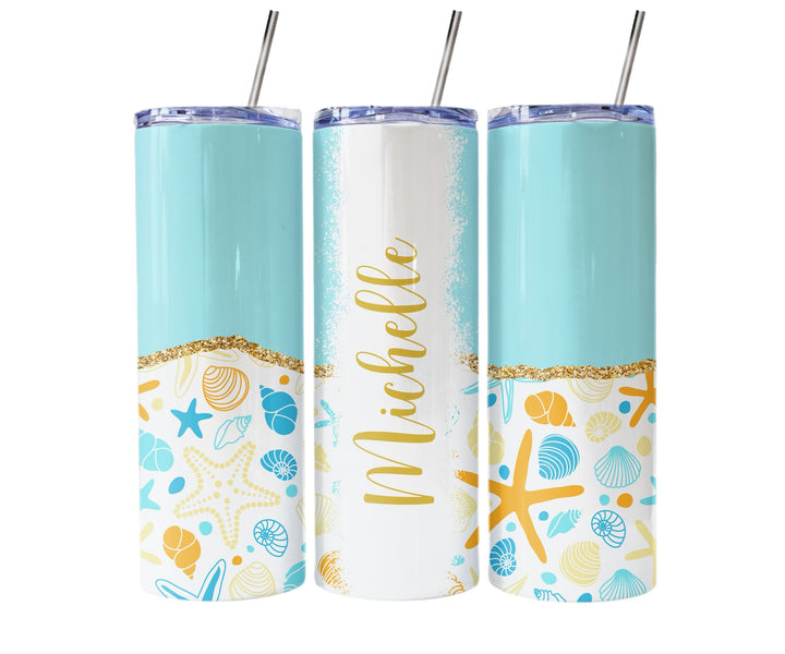 Personalized Beach Tumbler – Custom Tropical Seashell 20 oz Skinny Tumbler