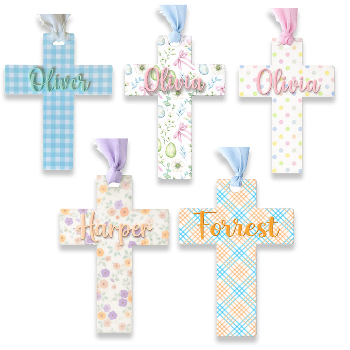 Personalized Easter Cross Basket Tag | Custom Acrylic Christian Name Tag with Chiffon Ribbon