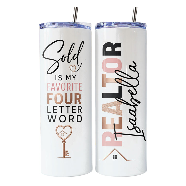 Personalized Real Estate Agent 20 Oz Skinny Tumbler | Pink & Gold