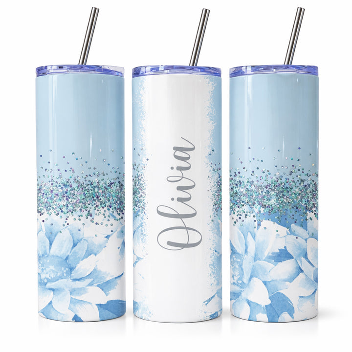 Personalized Blue Floral Tumbler – Custom Name 20 oz Skinny Tumbler