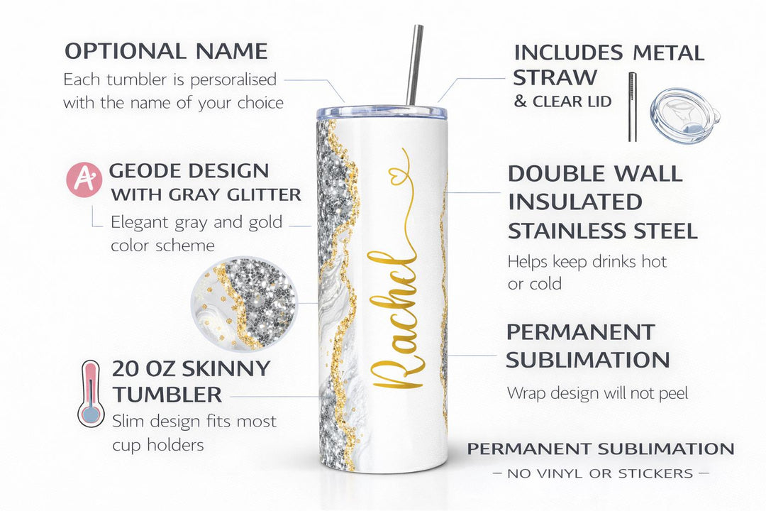 Gray Glitter Marble Personalized Name Tumbler with Gold Accents | 20oz Skinny Stainless Steel Travel Cup