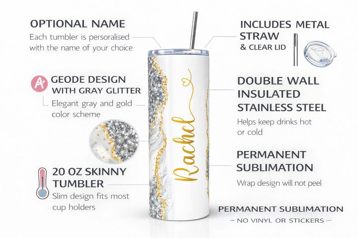 Gray Glitter Marble Personalized Name Tumbler with Gold Accents | 20oz Skinny Stainless Steel Travel Cup