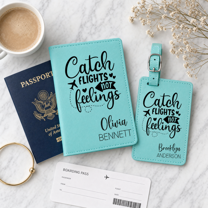 Personalized Passport Holder | "Catch Flights Not Feelings" Engraved Travel Cover