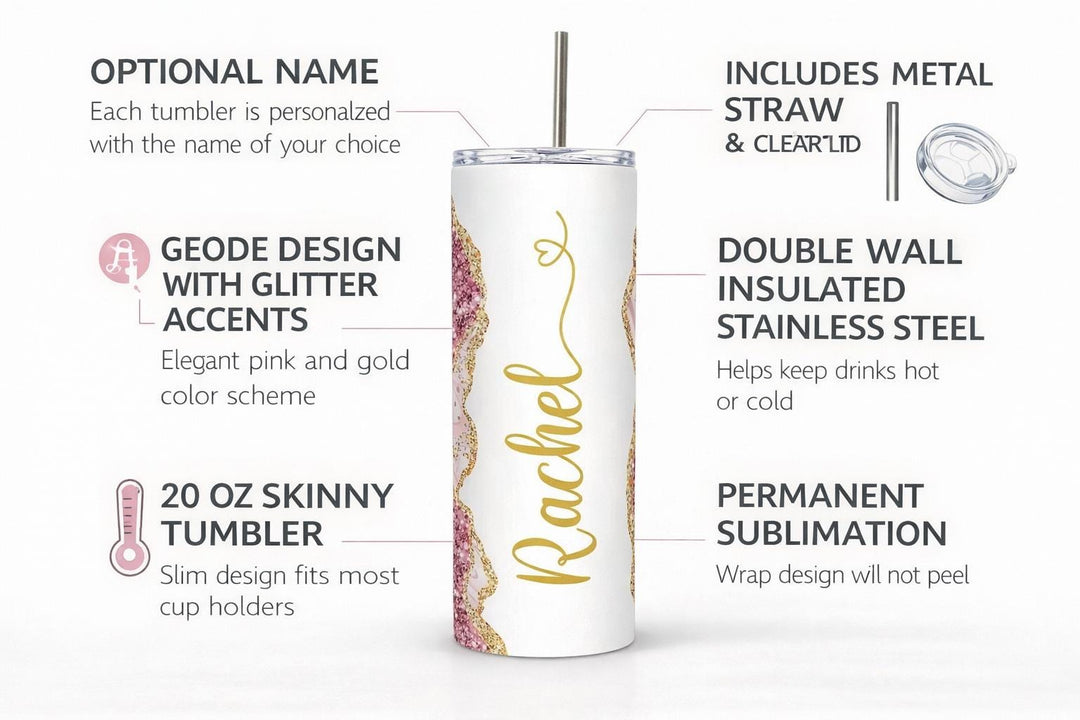 Pink Glitter Marble Personalized Name Tumbler with Gold Accents | 20oz Skinny Stainless Steel Travel Cup