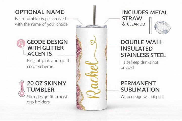Pink Glitter Marble Personalized Name Tumbler with Gold Accents | 20oz Skinny Stainless Steel Travel Cup