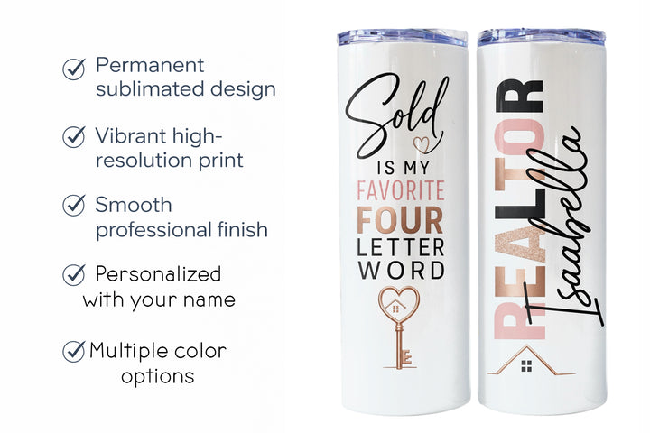 Personalized Real Estate Agent 20 Oz Skinny Tumbler | Pink & Gold