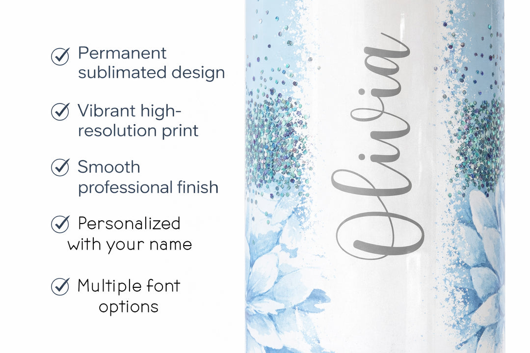 Personalized Blue Floral Tumbler – Custom Name 20 oz Skinny Tumbler