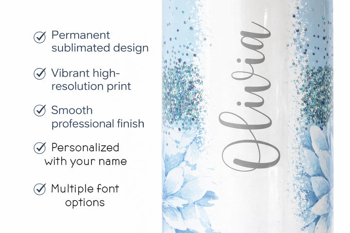 Personalized Blue Floral Tumbler – Custom Name 20 oz Skinny Tumbler