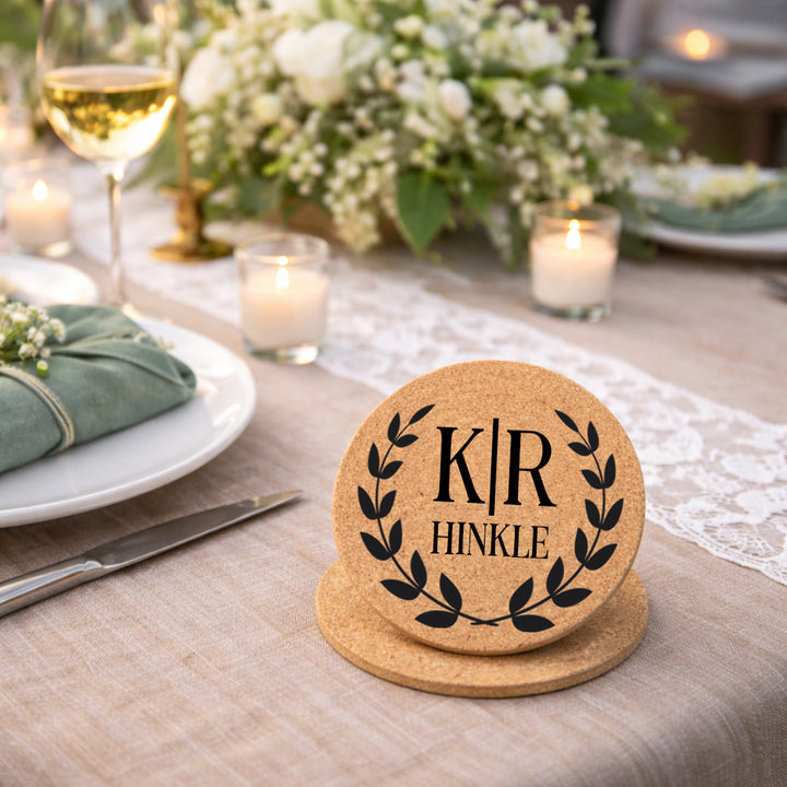 Hertitage Laurel Personalized Wedding Cork Coasters | Rustic Engraved Coasters
