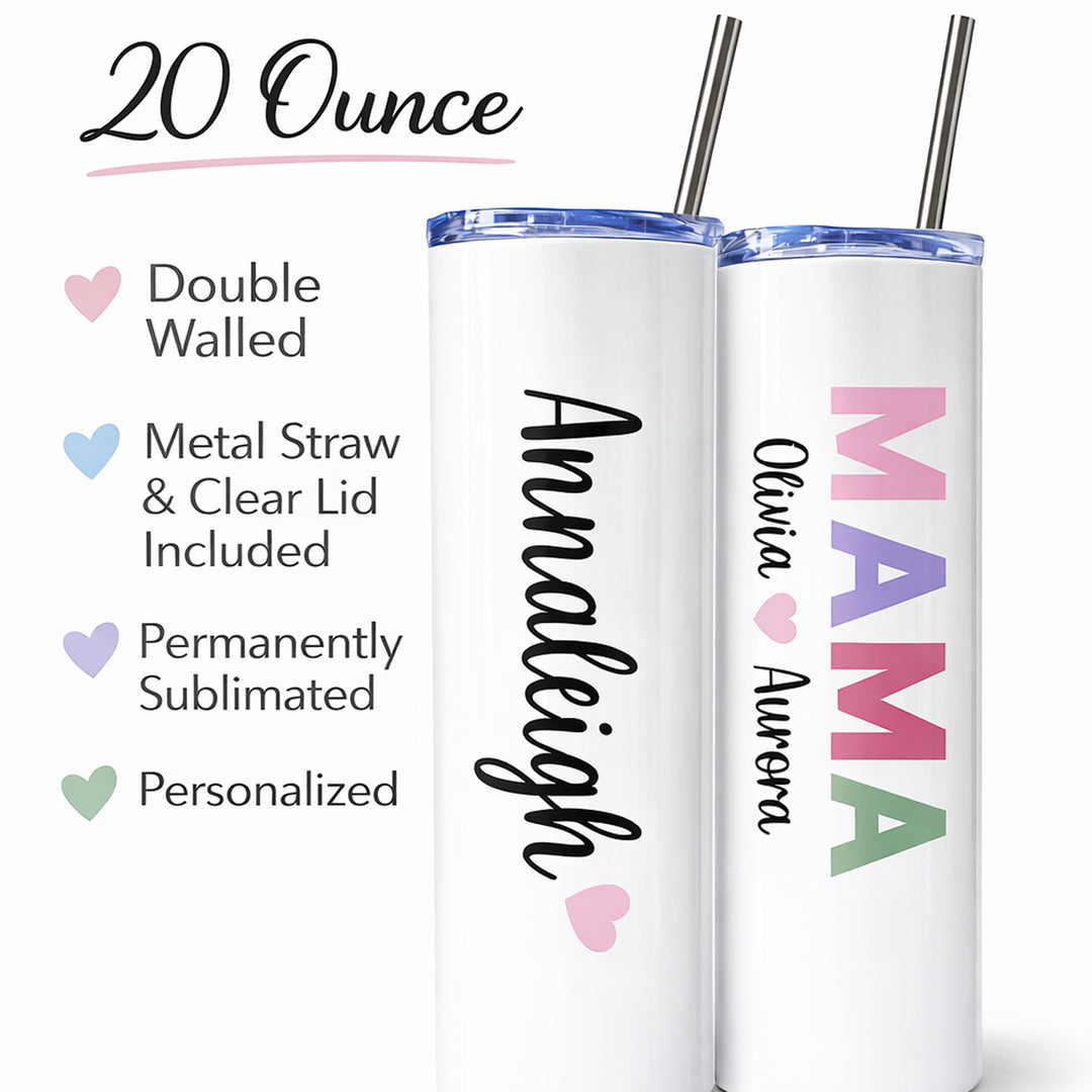 Personalized MAMA Tumbler – 20 oz Custom Stainless Steel Skinny Cup with Kids’ Names