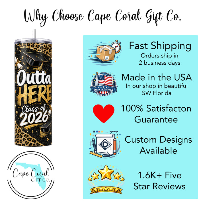 Personalized Class of 2026 Graduation Skinny Tumbler - Outta Here Graduation Tumbler Gift