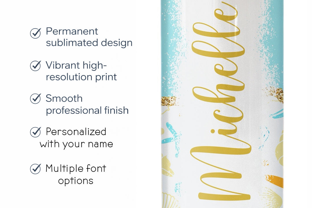 Personalized Beach Tumbler – Custom Tropical Seashell 20 oz Skinny Tumbler