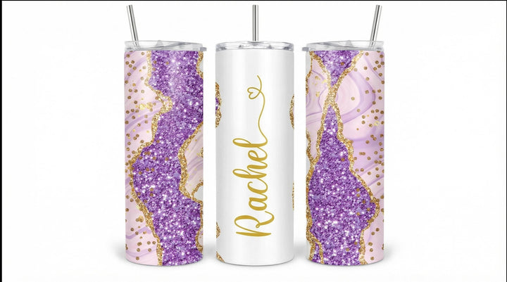 Purple Glitter Marble Personalized Name Tumbler with Gold Accents | 20oz Skinny Stainless Steel Travel Cup