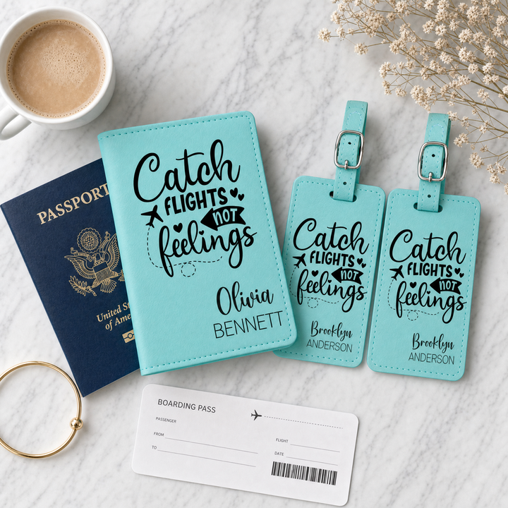 Personalized Passport Holder | "Catch Flights Not Feelings" Engraved Travel Cover