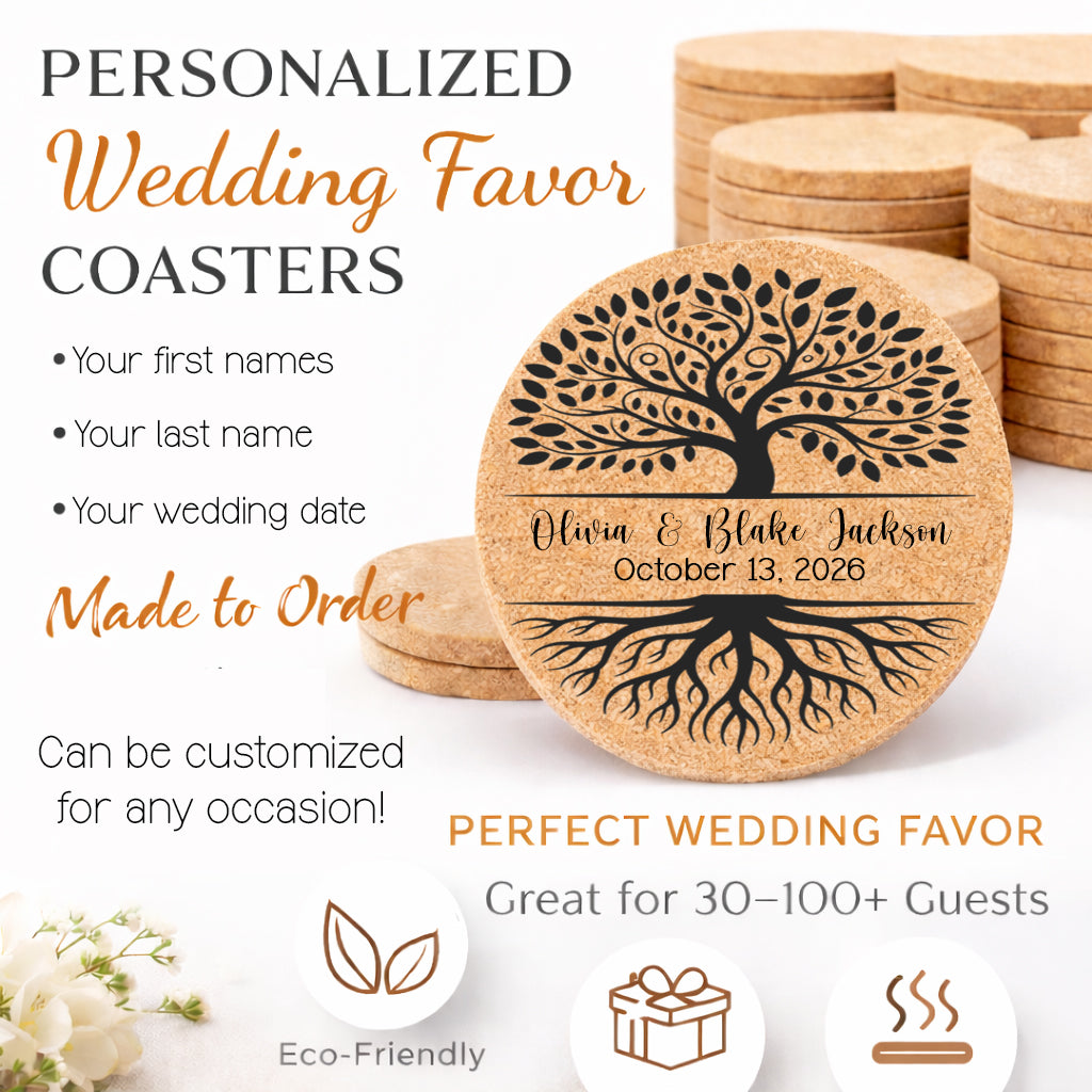 Personalized Tree of Life Wedding Cork Coasters | Custom Engraved Wedding Favors