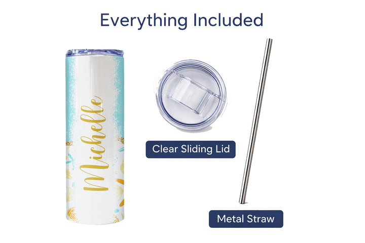 Personalized Beach Tumbler – Custom Tropical Seashell 20 oz Skinny Tumbler