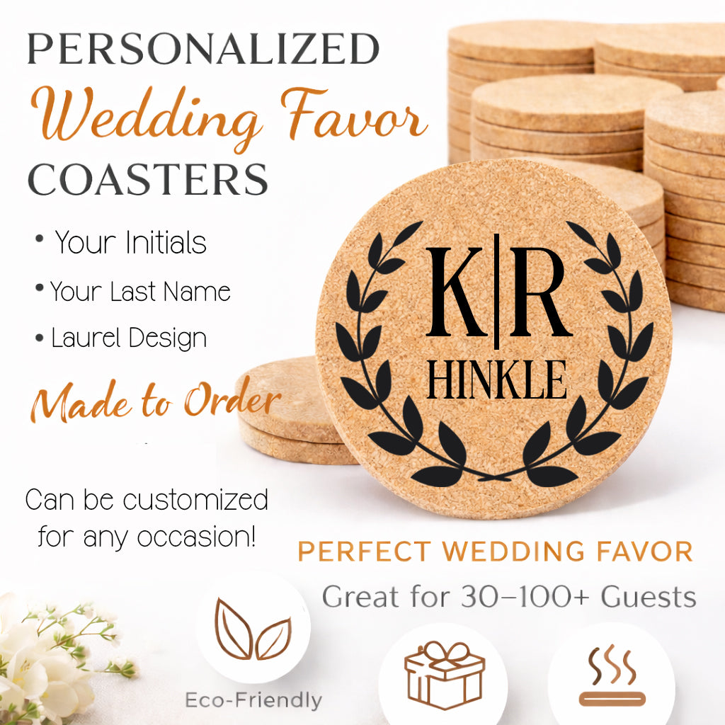 Hertitage Laurel Personalized Wedding Cork Coasters | Rustic Engraved Coasters