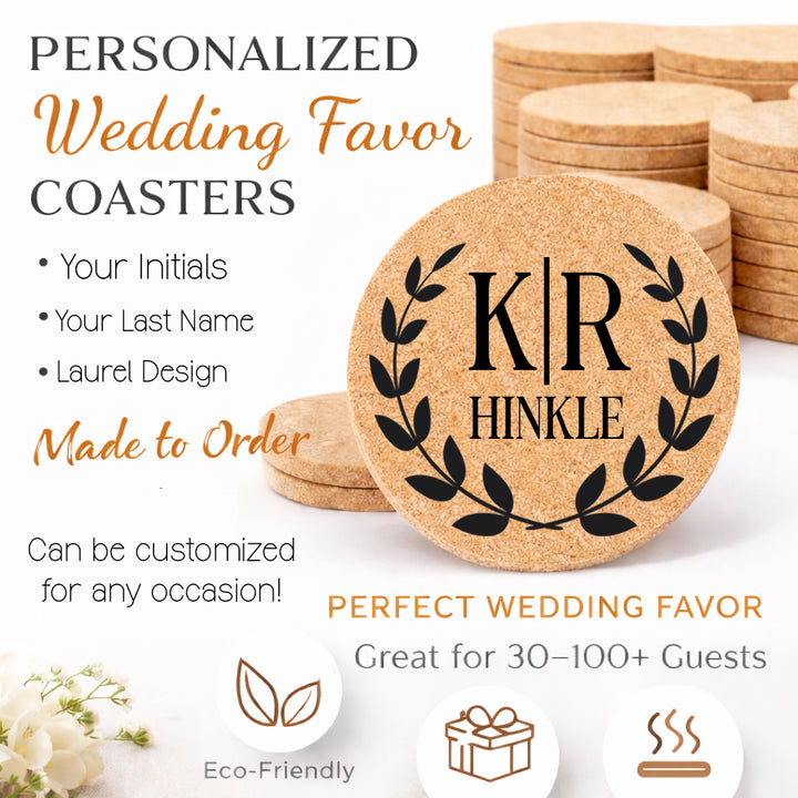 Hertitage Laurel Personalized Wedding Cork Coasters | Rustic Engraved Coasters