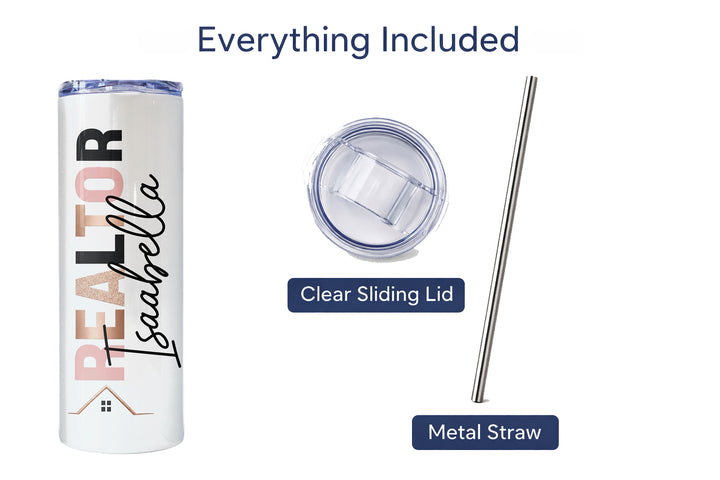 Personalized Real Estate Agent 20 Oz Skinny Tumbler | Pink & Gold