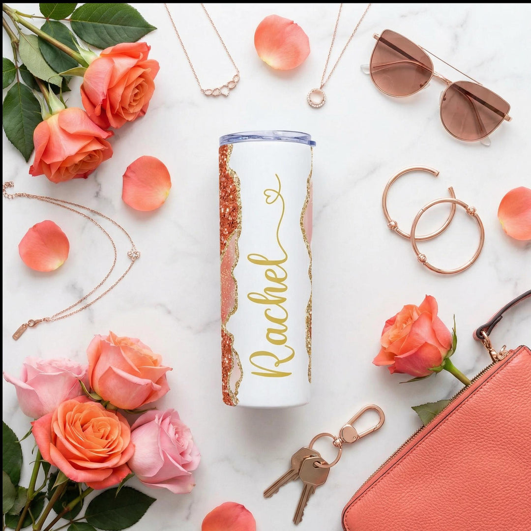 Blue Glitter Marble Personalized Name Tumbler with Gold Accents | 20oz Skinny Stainless Steel Travel Cup