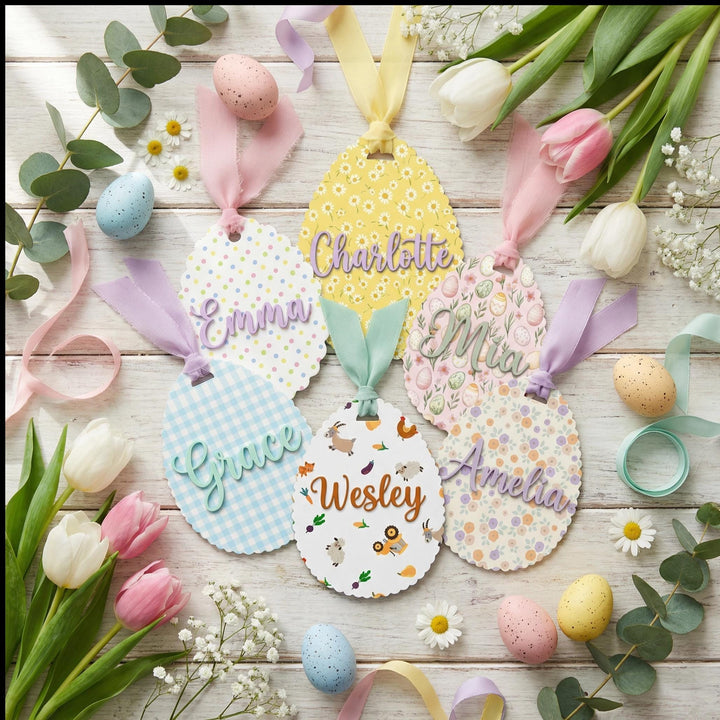 Scalloped Egg Name Tag with Custom Background & Chiffon Ribbon