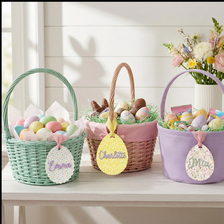 Scalloped Egg Name Tag with Custom Background & Chiffon Ribbon