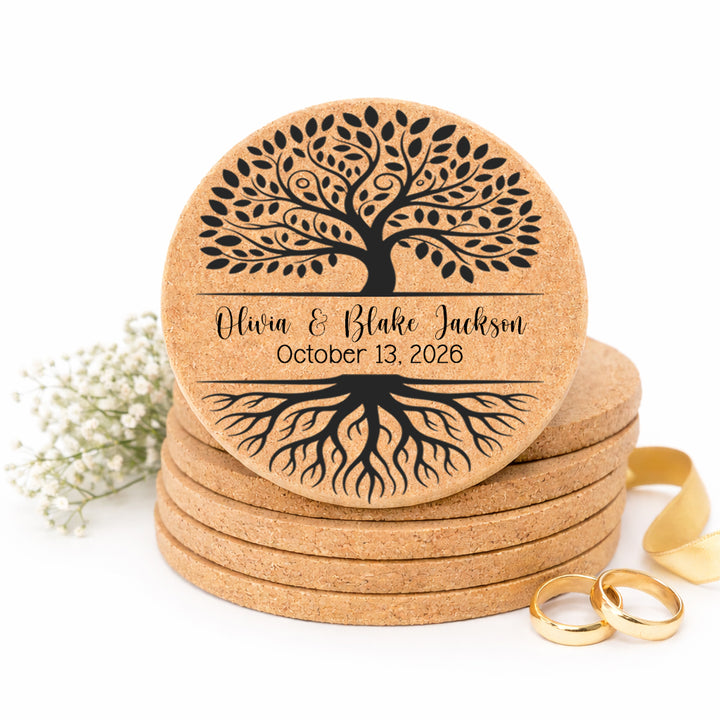 Personalized Tree of Life Wedding Cork Coasters | Custom Engraved Wedding Favors