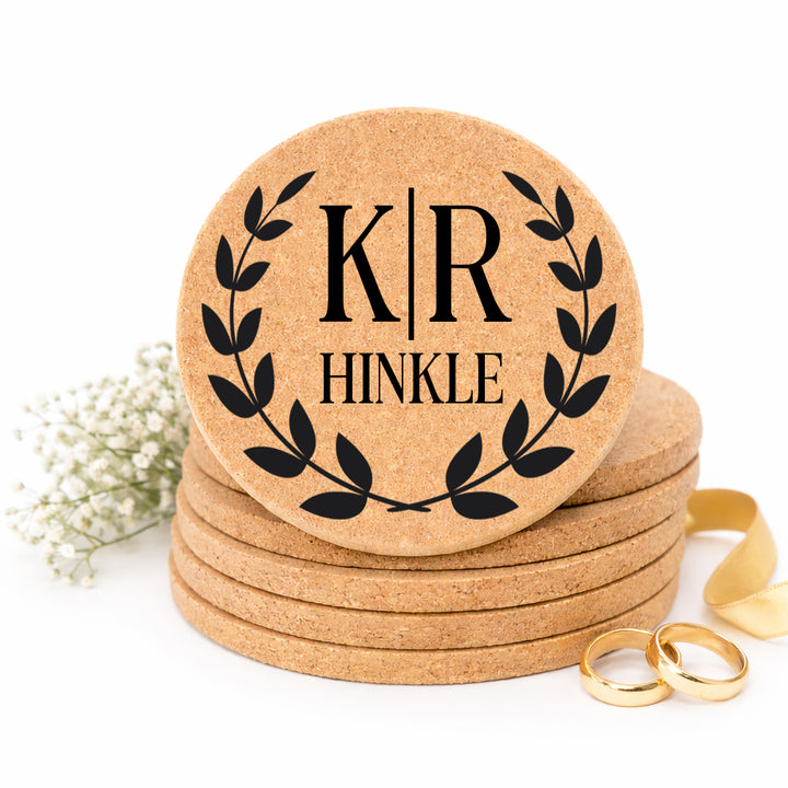 Hertitage Laurel Personalized Wedding Cork Coasters | Rustic Engraved Coasters