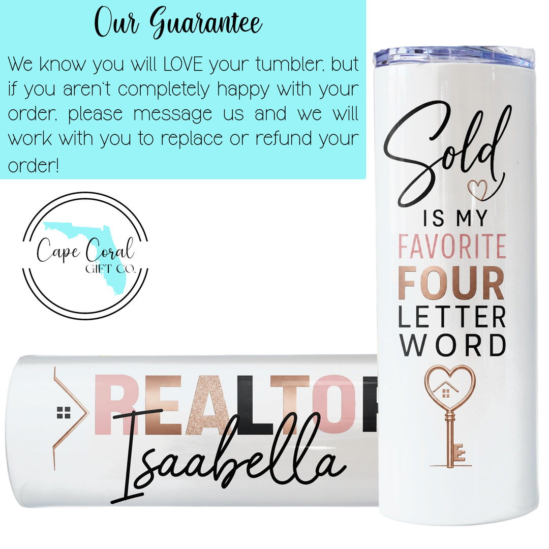 Personalized Real Estate Agent 20 Oz Skinny Tumbler | Pink & Gold