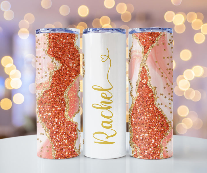 Blue Glitter Marble Personalized Name Tumbler with Gold Accents | 20oz Skinny Stainless Steel Travel Cup