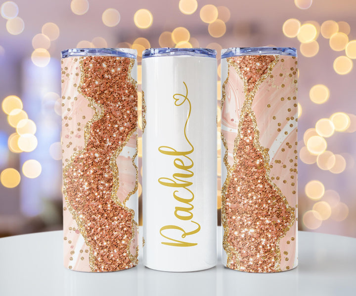 Peach Glitter Marble Personalized Name Tumbler with Gold Accents | 20oz Skinny Stainless Steel Travel Cup
