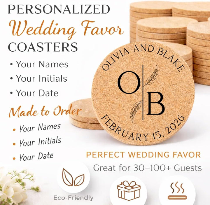 Personalized Wedding Monogram Cork Coasters | Custom Initials & Wedding Date Favors
