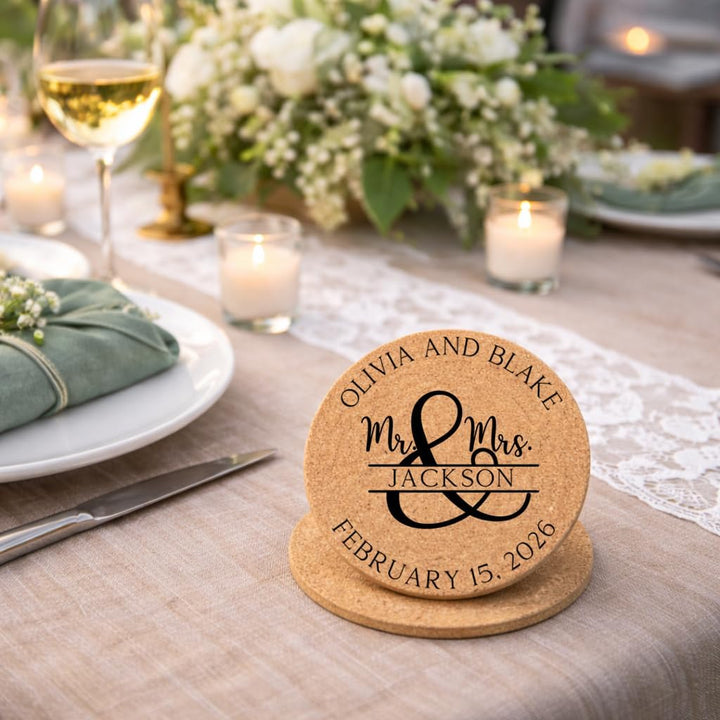 Personalized Mr & Mrs Wedding Cork Coasters | Custom Engraved Last Name Wedding Favor (Sets of 30–100)