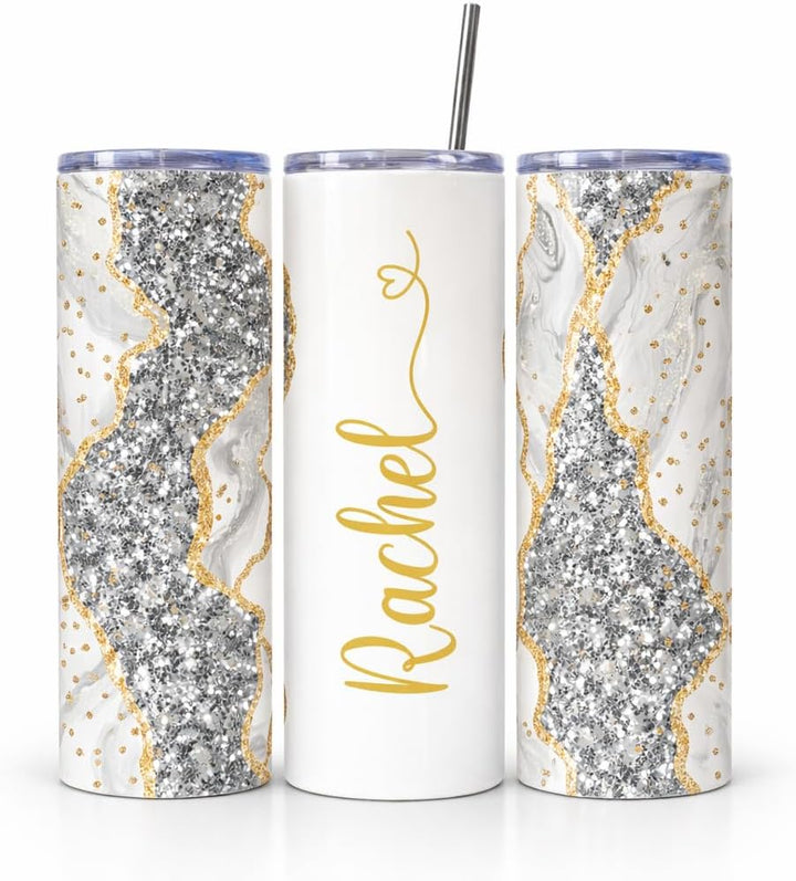 Gray Glitter Marble Personalized Name Tumbler with Gold Accents | 20oz Skinny Stainless Steel Travel Cup