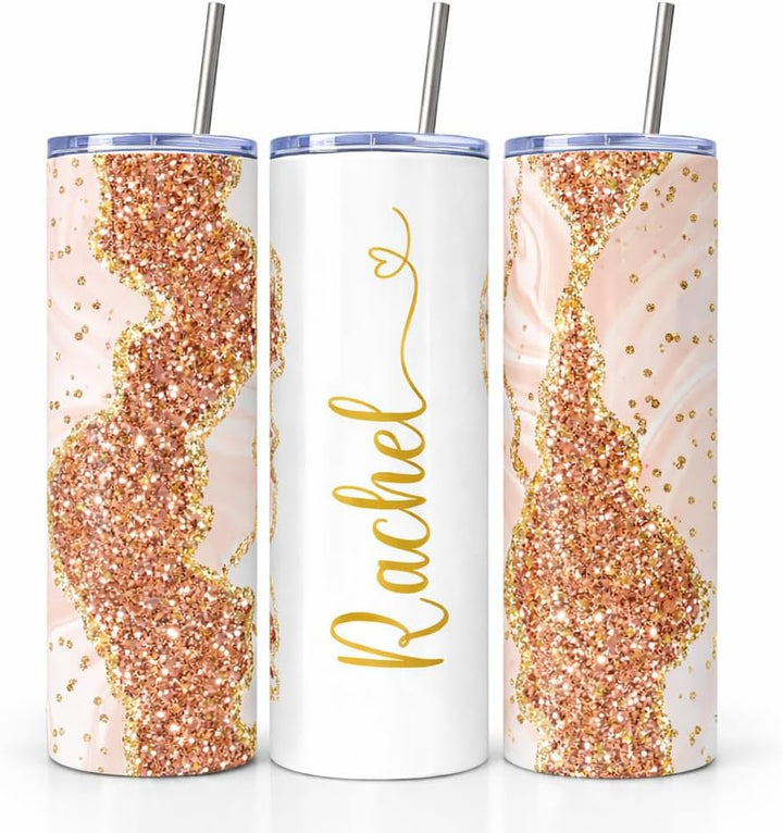 Peach Glitter Marble Personalized Name Tumbler with Gold Accents | 20oz Skinny Stainless Steel Travel Cup