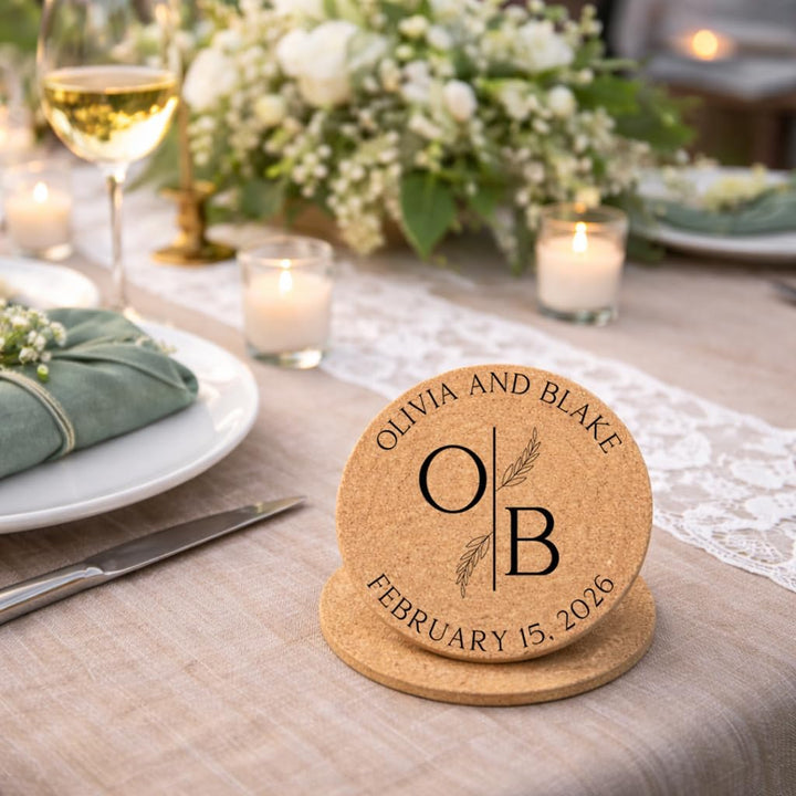 Personalized Wedding Monogram Cork Coasters | Custom Initials & Wedding Date Favors