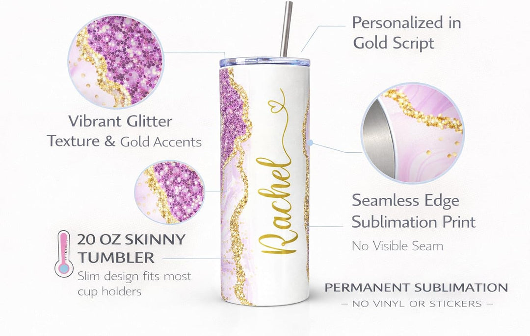 Violet Glitter Marble Personalized Name Tumbler with Gold Accents | 20oz Skinny Stainless Steel Travel Cup