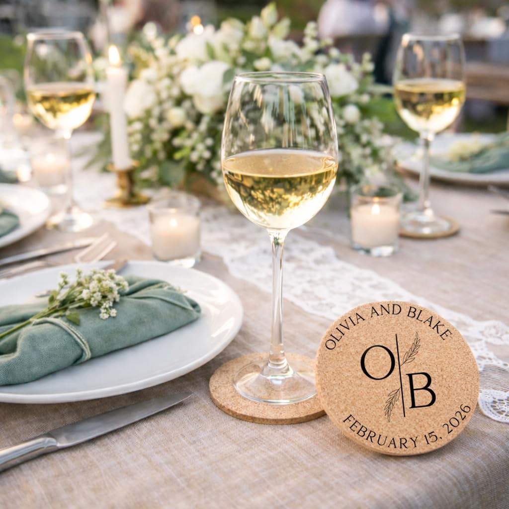 Personalized Wedding Monogram Cork Coasters | Custom Initials & Wedding Date Favors