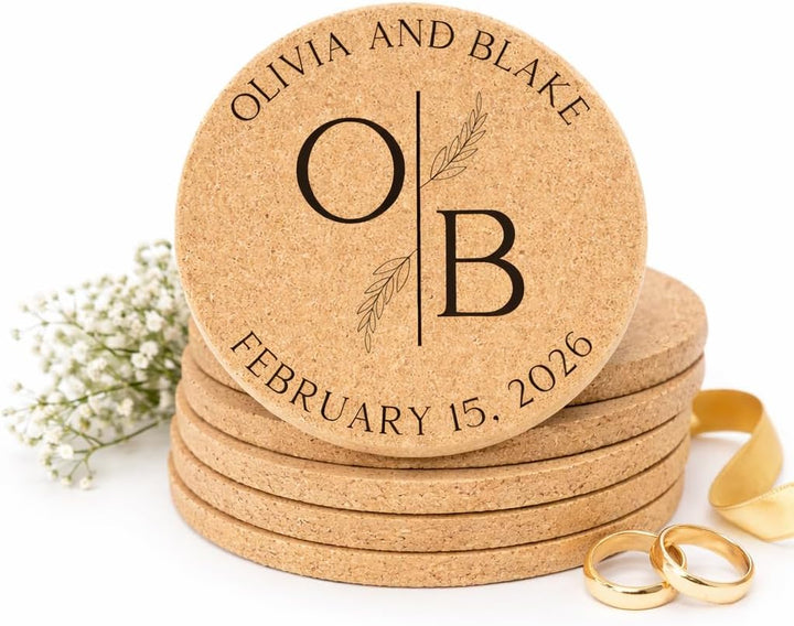 Personalized Wedding Monogram Cork Coasters | Custom Initials & Wedding Date Favors