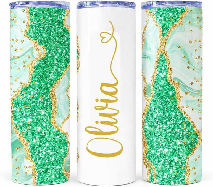 Green Glitter Marble Personalized Name Tumbler with Gold Accents | 20oz Skinny Stainless Steel Travel Cup