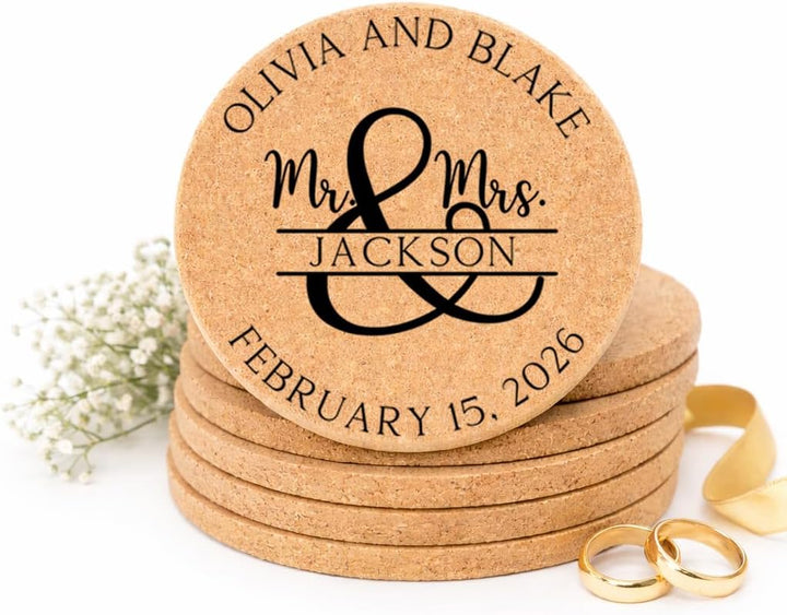 Personalized Mr & Mrs Wedding Cork Coasters | Custom Engraved Last Name Wedding Favor (Sets of 30–100)