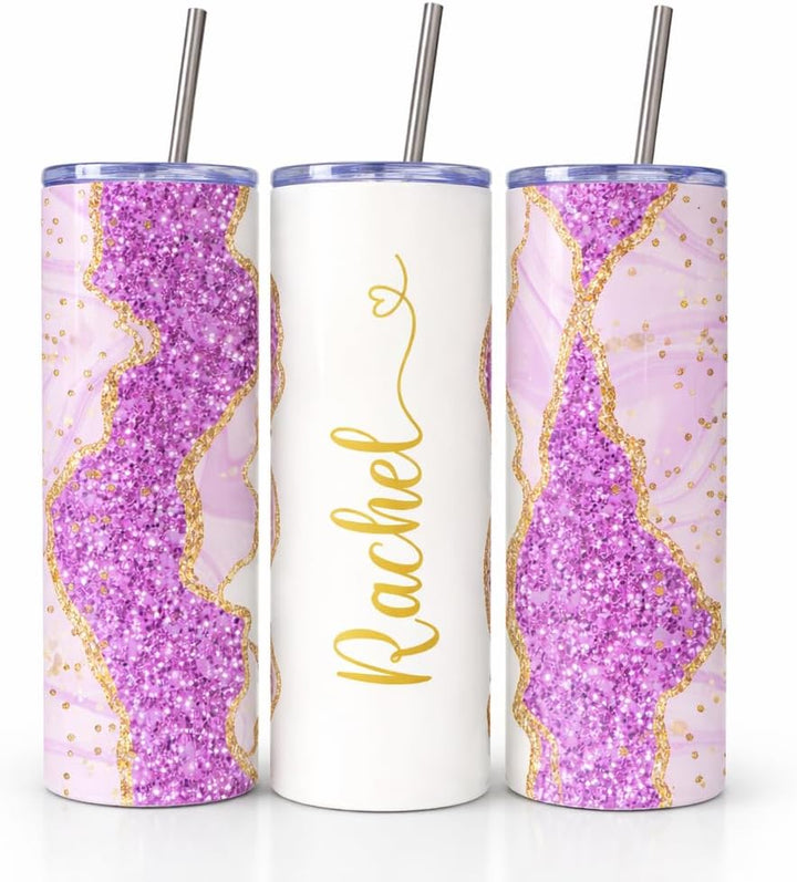 Violet Glitter Marble Personalized Name Tumbler with Gold Accents | 20oz Skinny Stainless Steel Travel Cup